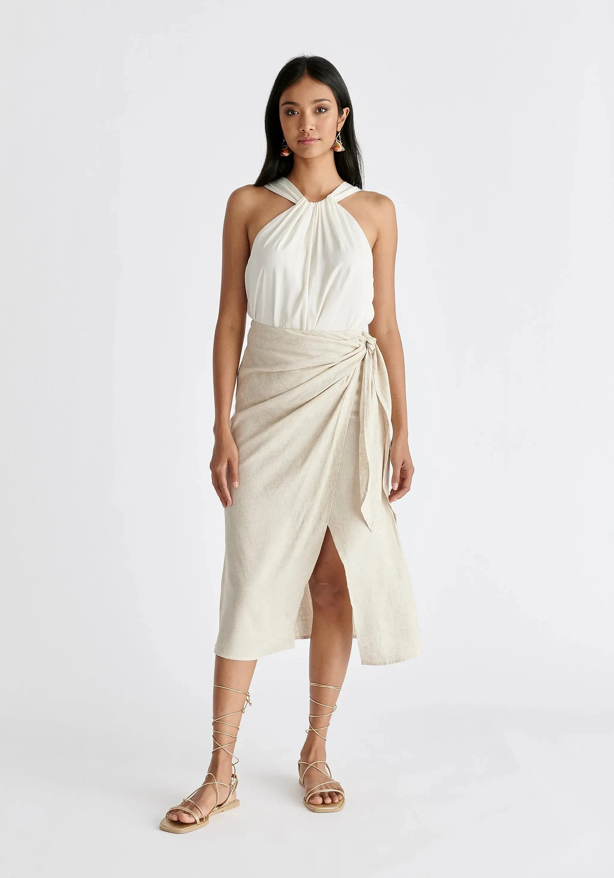 Oatmeal Linen Blend Wrap Skirt