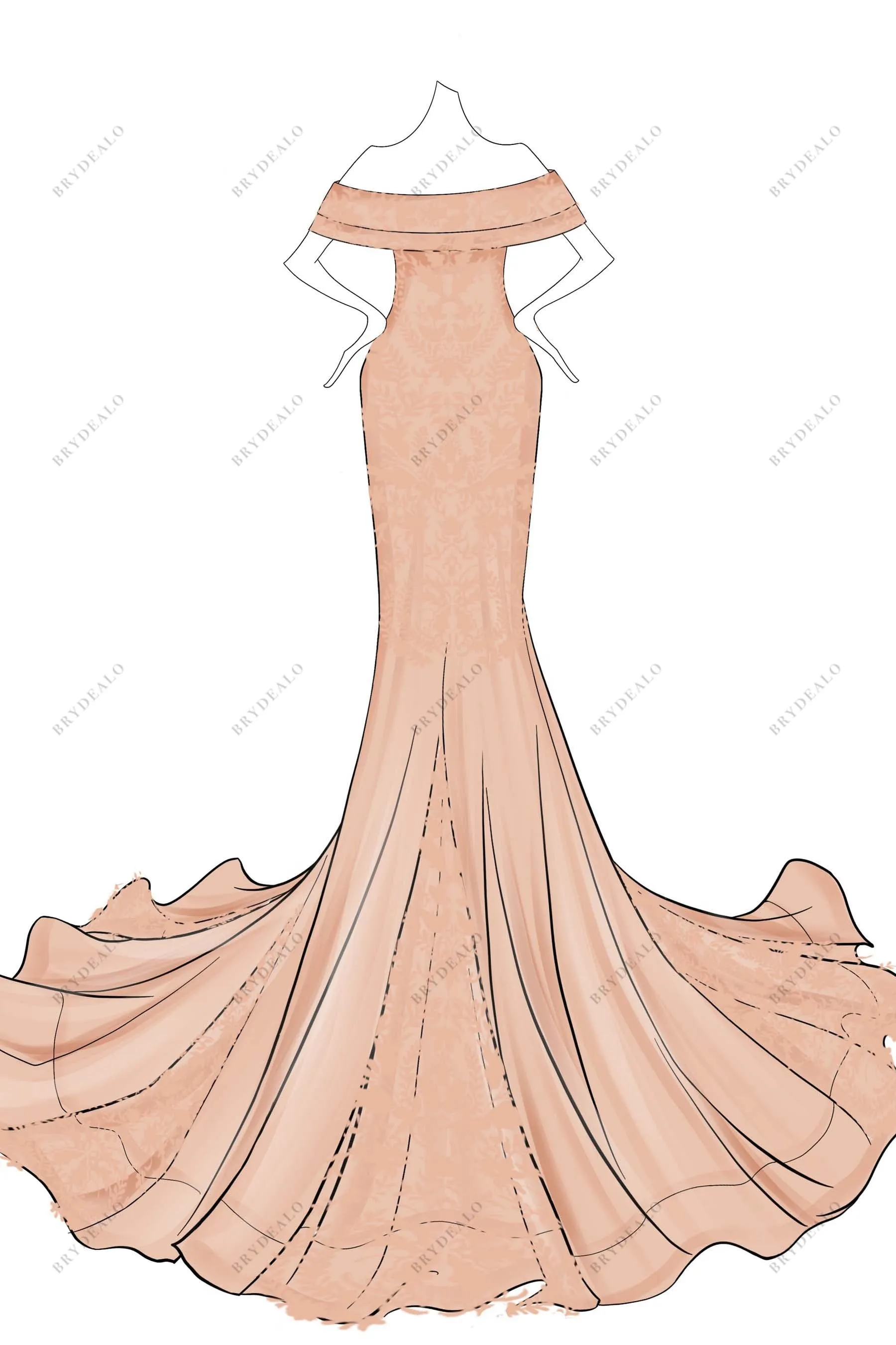 Off-shoulder Plunging Dusty Pink Custom Wedding Dress Sketch