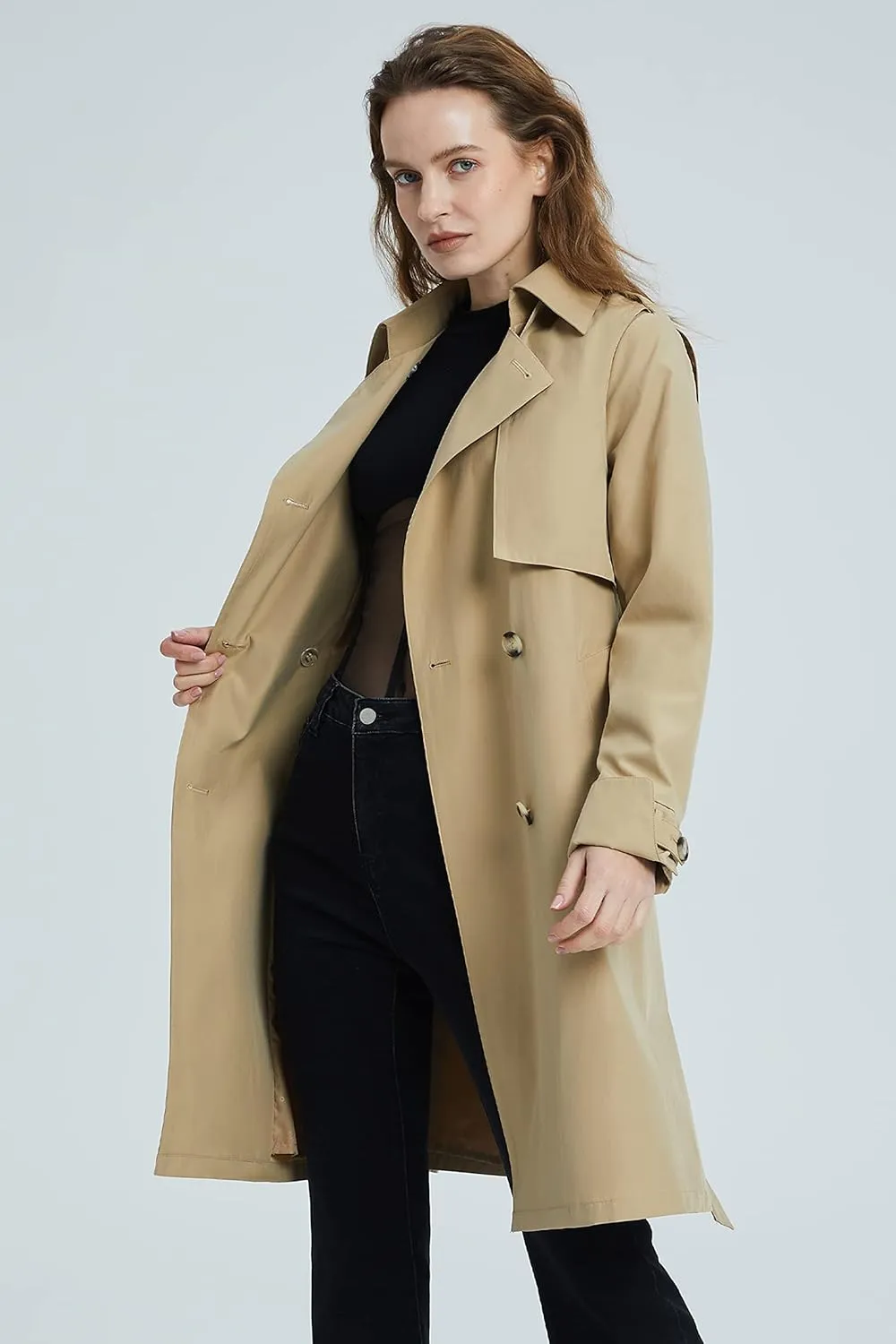 Orolay Women's Classic Trench Coat 3/4 Length Double-Breasted with Removable Vest