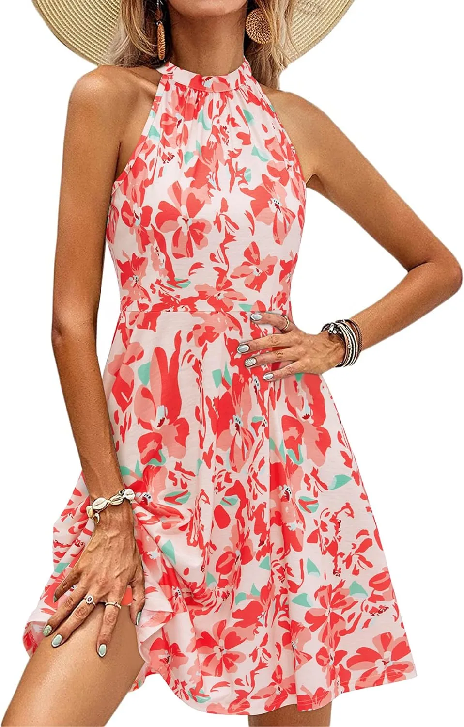 OUGES Women's Halter Neck Floral Summer Casual Sundress