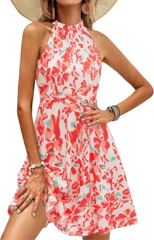 OUGES Women's Halter Neck Floral Summer Casual Sundress