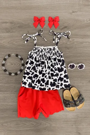 Red Scalloped Cow Print Short Set