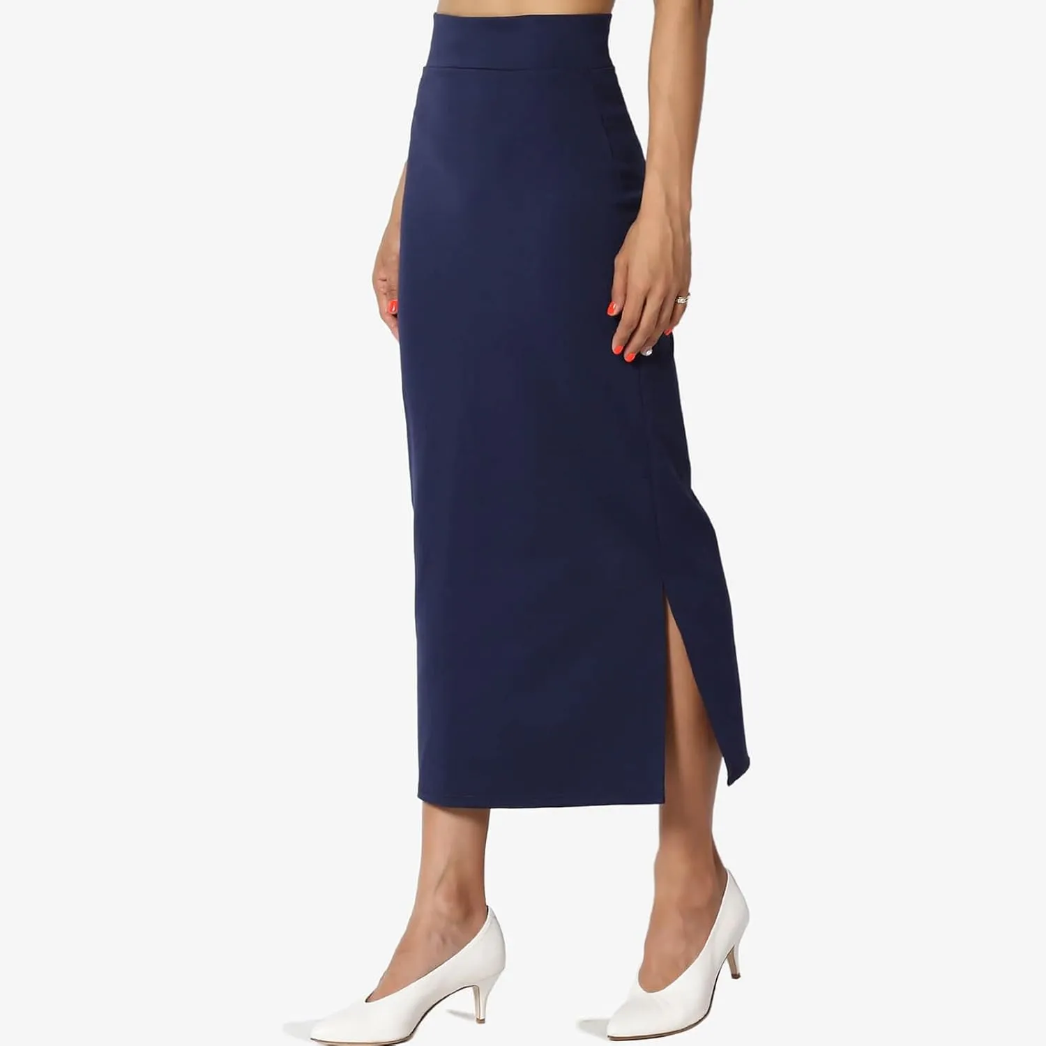 Sexy Solid Color Side Slit Knit High Waist Mid Calf Long Pencil Midi Skirt for Women High Waist Stretchy Bodycon Skirts