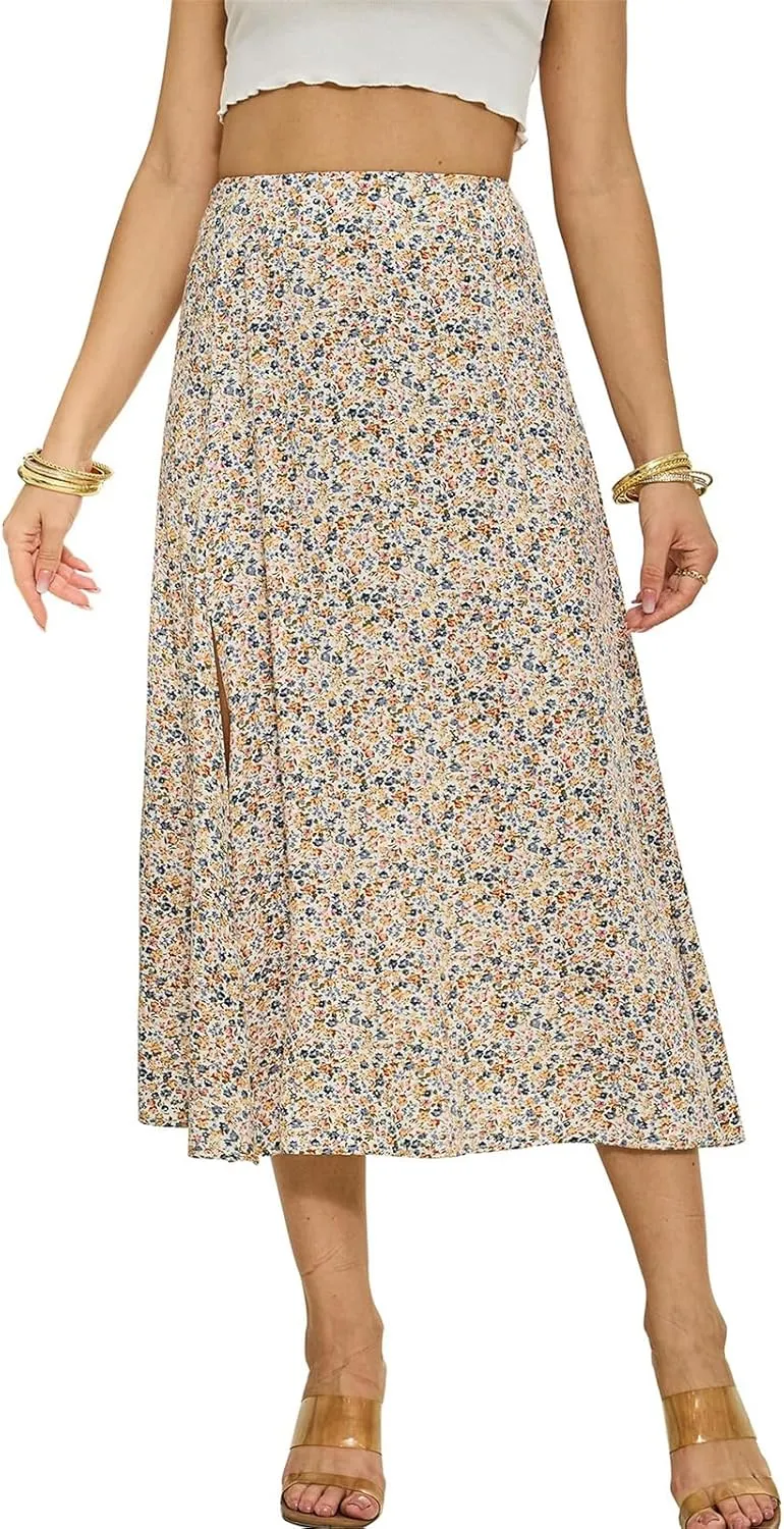 Summer Boho Midi Skirts for Women Fashion Floral Print High Waisted A Line Skirt Color Block Split Hem Beach Skirts