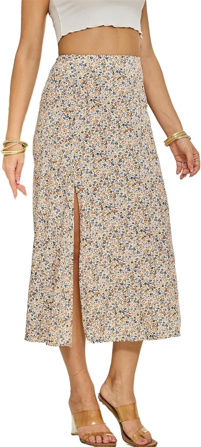 Summer Boho Midi Skirts for Women Fashion Floral Print High Waisted A Line Skirt Color Block Split Hem Beach Skirts