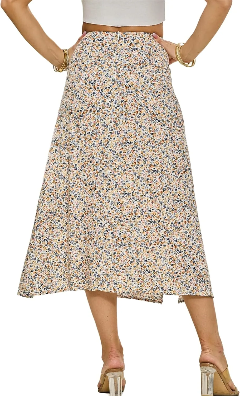 Summer Boho Midi Skirts for Women Fashion Floral Print High Waisted A Line Skirt Color Block Split Hem Beach Skirts