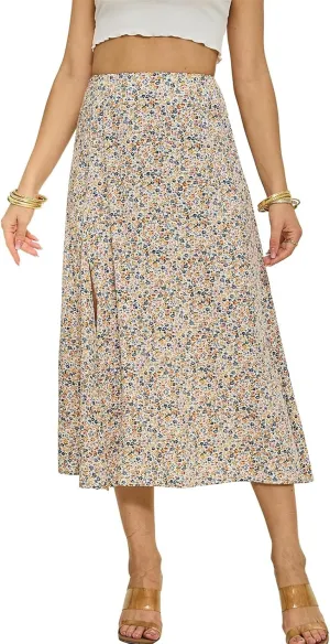 Summer Boho Midi Skirts for Women Fashion Floral Print High Waisted A Line Skirt Color Block Split Hem Beach Skirts