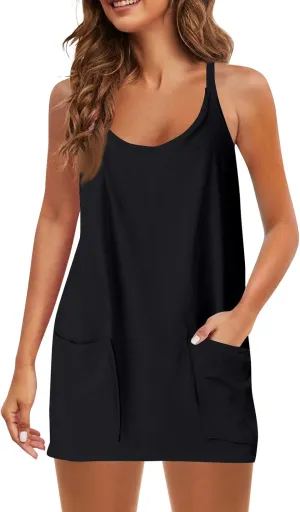 Summer Plus Size Dresses Romper for Women, Sleeveless V Ncek Spaghetti Strap Mini Tulle Dress Women Built in Shorts