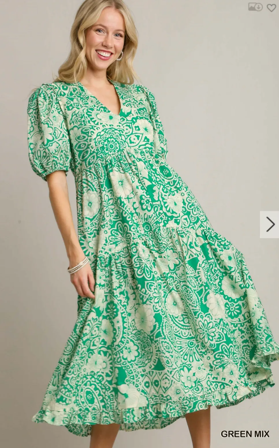 Two Tone V-Neck A-Line w/ Short Sleeve Midi Dress - Green Mix