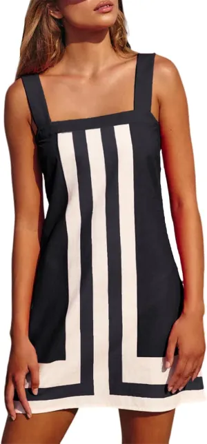 Vacation Dresses for Women 2025 Striped Mini Dresses Square Neck Strap Sleeveless Dress Color Block Cover Up Dress