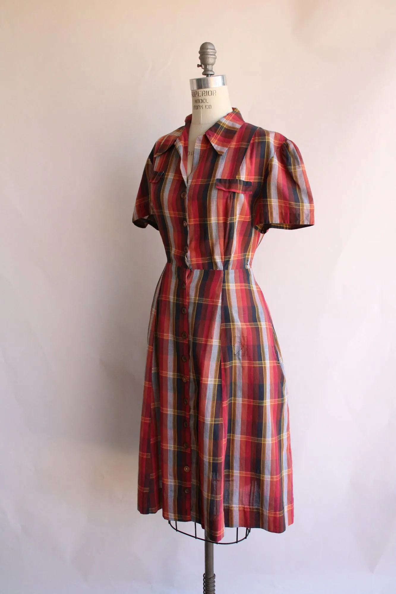 Vintage 1950s 1960s Plaid Cotton Shirtwaist Dress with Pockets