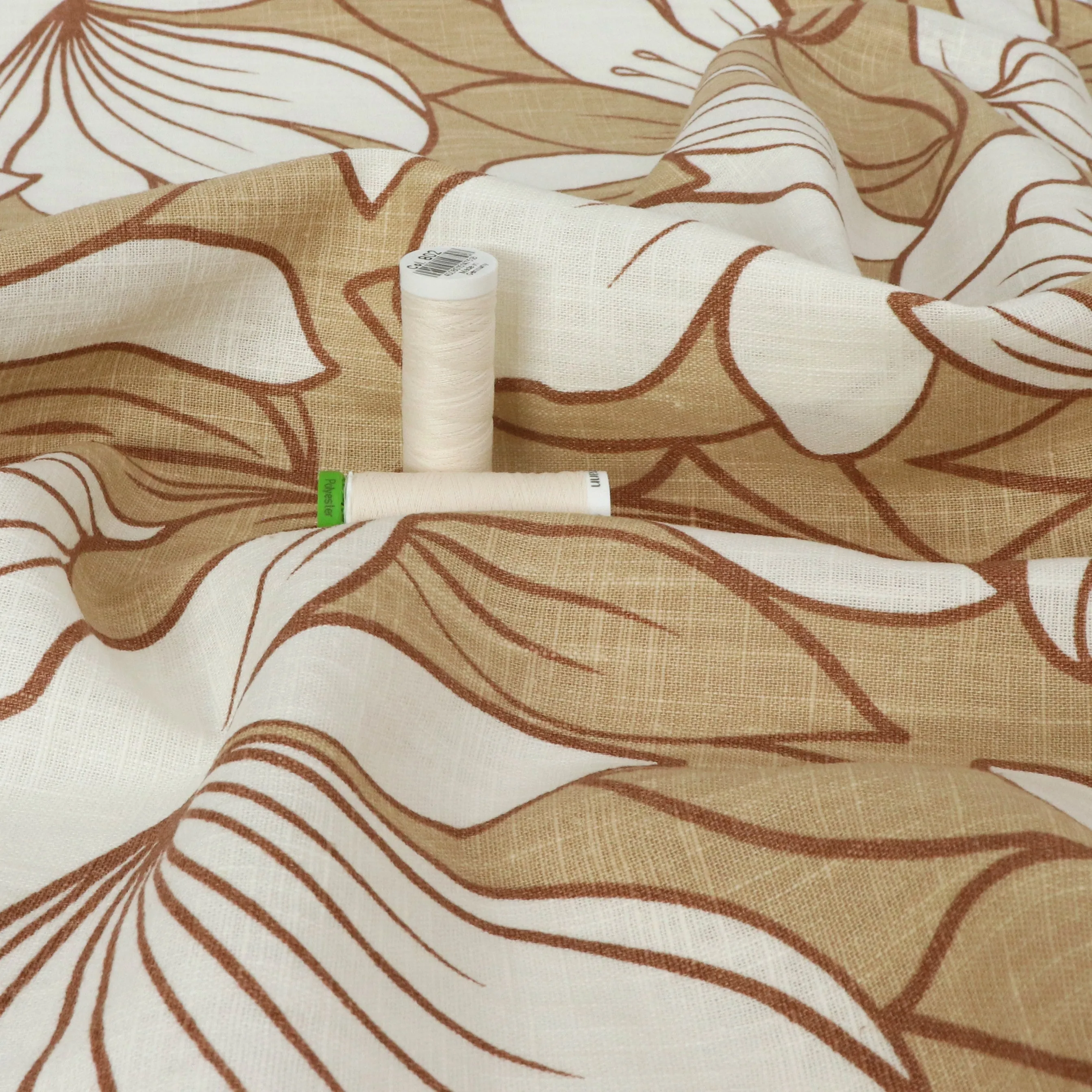 Washed Linen Cotton - Floral Outline - Beige - SALE