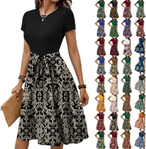 Wedding Guest Dresses for Women Short Sleeve Floral Sundress Elegant Boho Tie Belted Empire Waist Ruffle Hem Flowy Dress