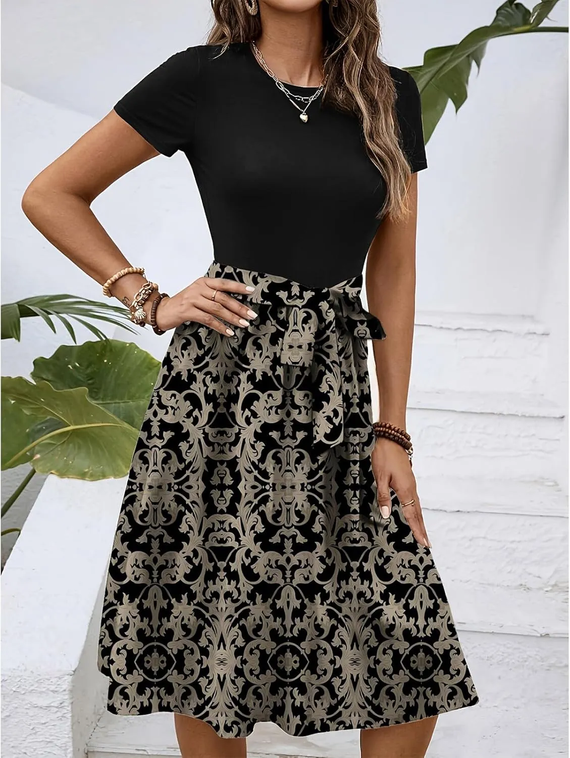 Wedding Guest Dresses for Women Short Sleeve Floral Sundress Elegant Boho Tie Belted Empire Waist Ruffle Hem Flowy Dress