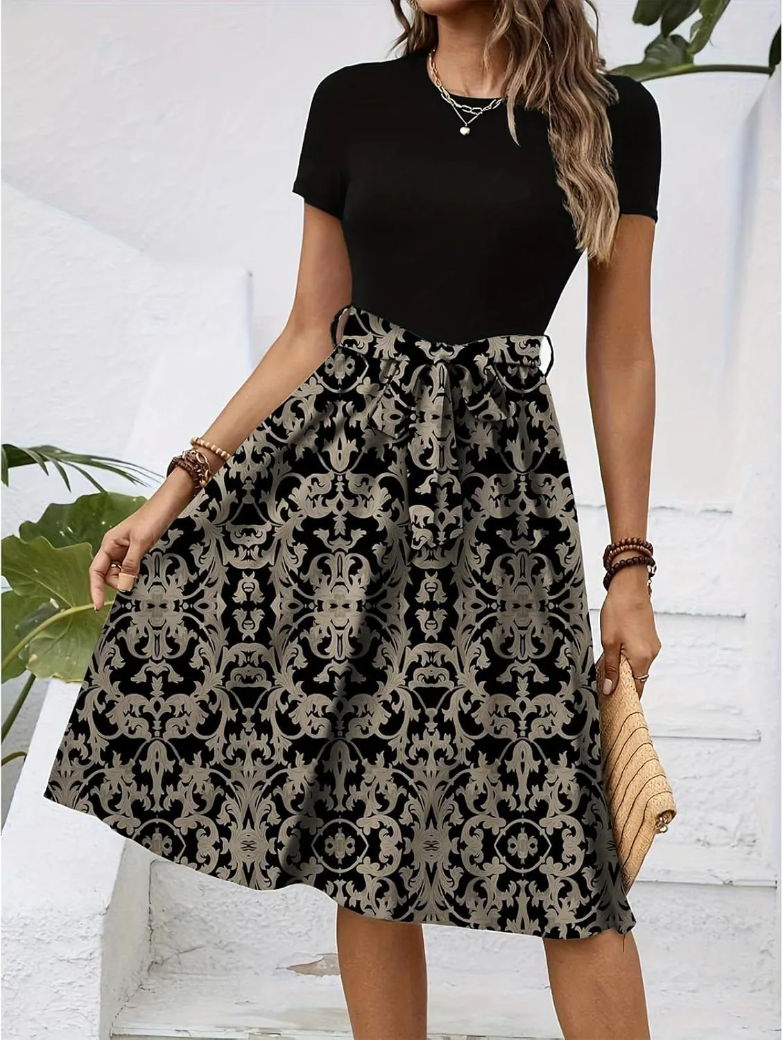 Wedding Guest Dresses for Women Short Sleeve Floral Sundress Elegant Boho Tie Belted Empire Waist Ruffle Hem Flowy Dress