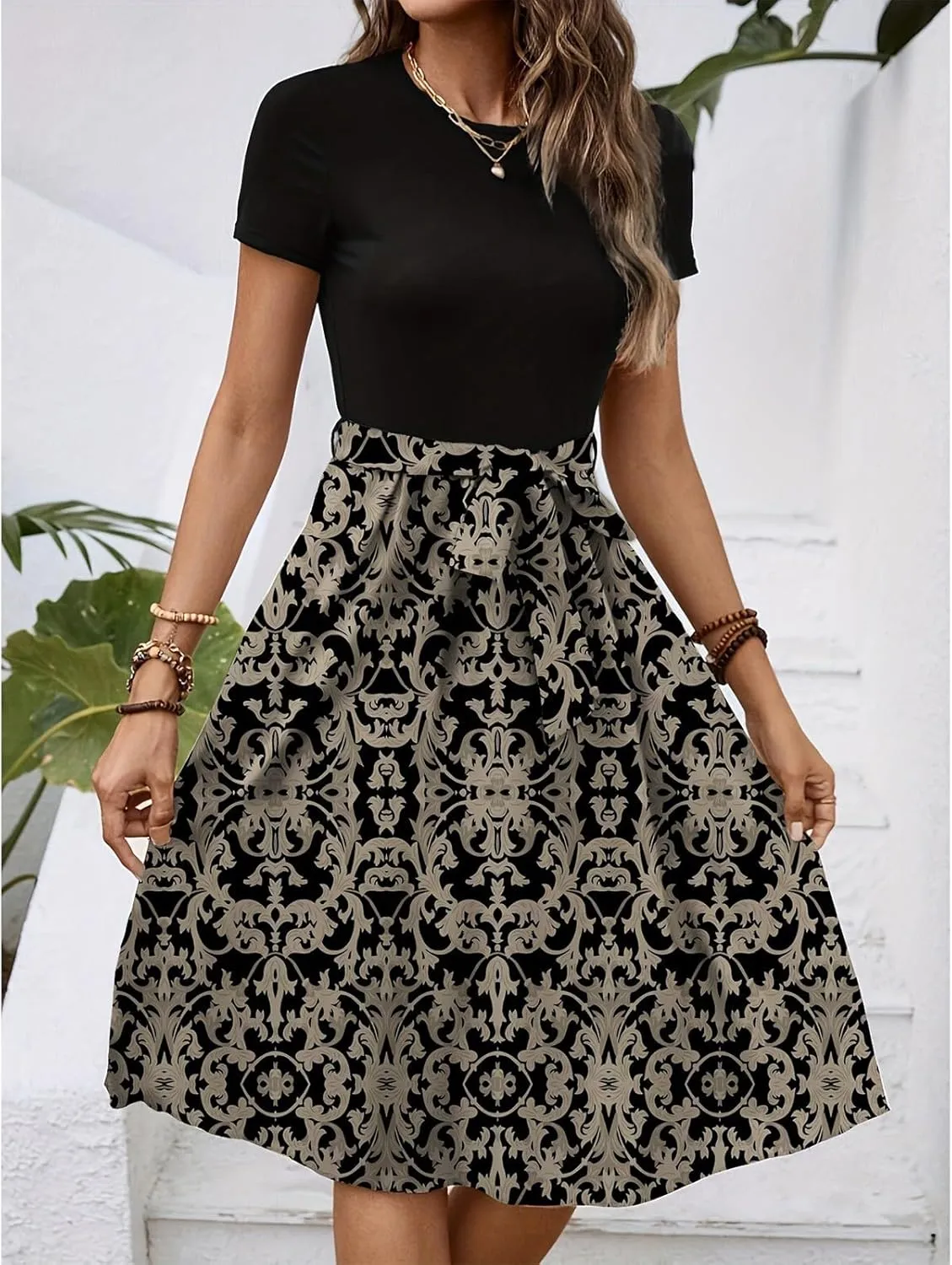 Wedding Guest Dresses for Women Short Sleeve Floral Sundress Elegant Boho Tie Belted Empire Waist Ruffle Hem Flowy Dress