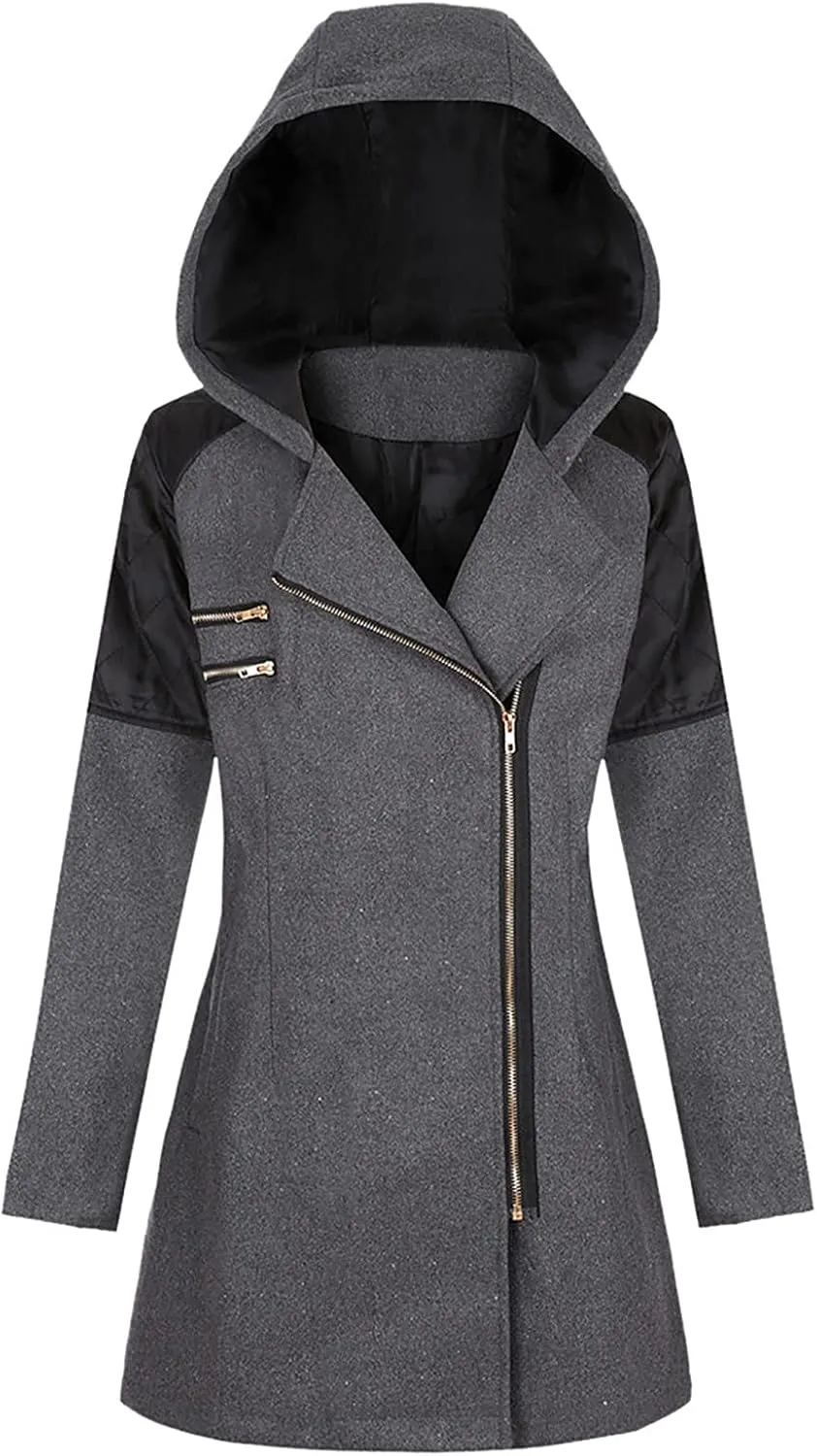Winter Trench Coat Women Lapel Double Breasted Wool Blend Pea Coats Fashion Plaid Hooded Long Jacket with Belted