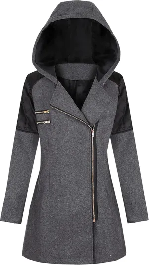 Winter Trench Coat Women Lapel Double Breasted Wool Blend Pea Coats Fashion Plaid Hooded Long Jacket with Belted