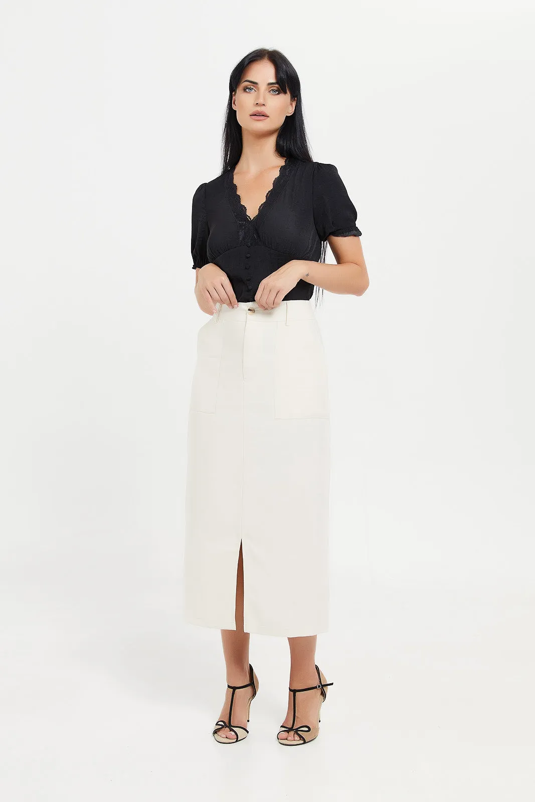 Women Beige Twill Cargo Skirt