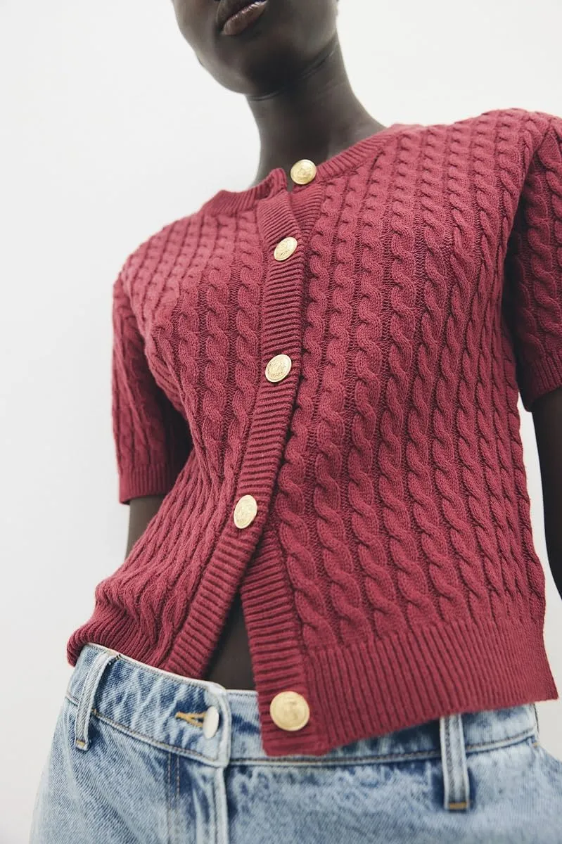 Women Cable Knit Short Sleeve Cardigan Sweater Button Down Y2k Knit Cropped Cardigans Vintage Going Out Tops