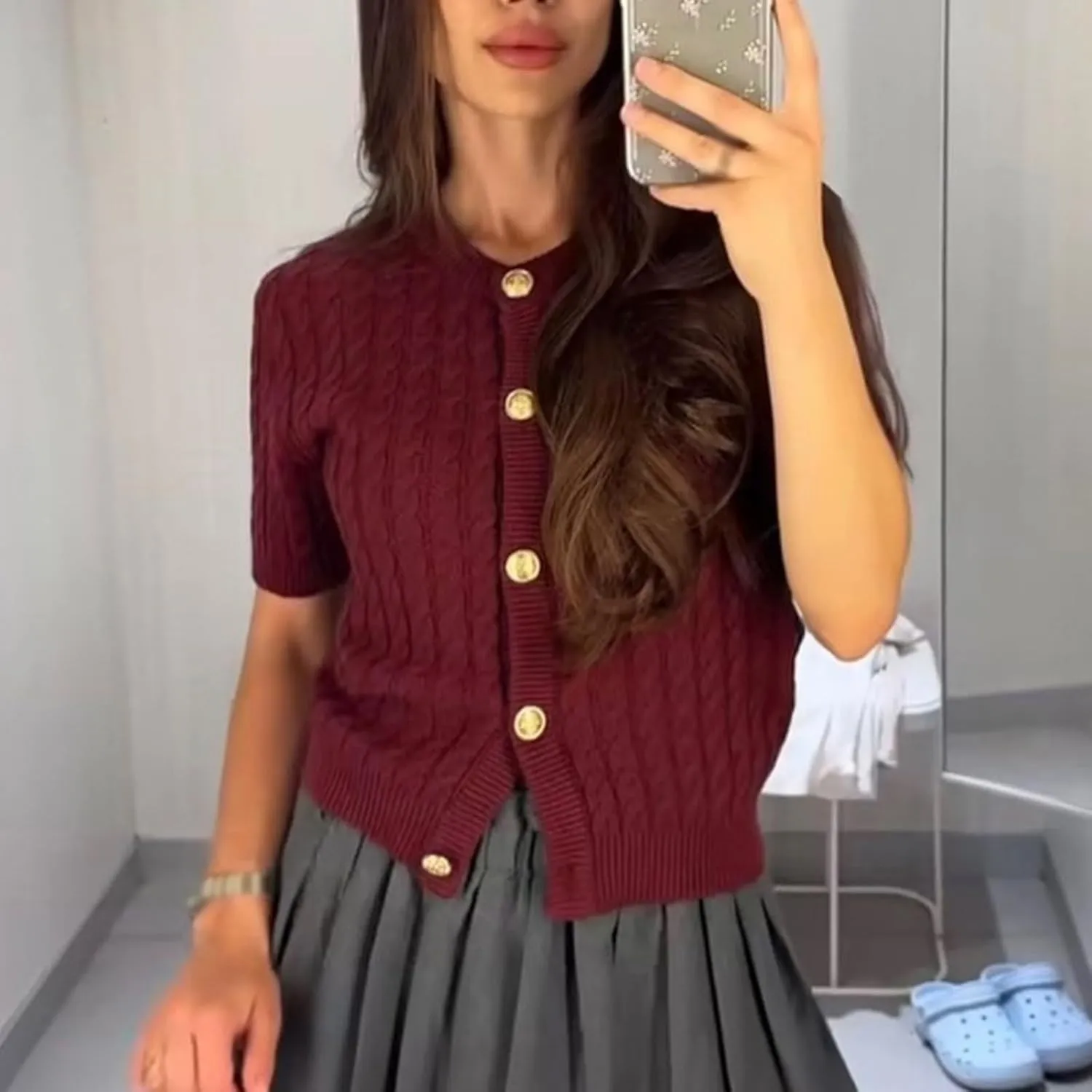 Women Cable Knit Short Sleeve Cardigan Sweater Button Down Y2k Knit Cropped Cardigans Vintage Going Out Tops
