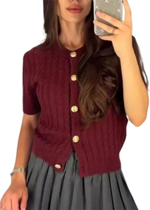 Women Cable Knit Short Sleeve Cardigan Sweater Button Down Y2k Knit Cropped Cardigans Vintage Going Out Tops