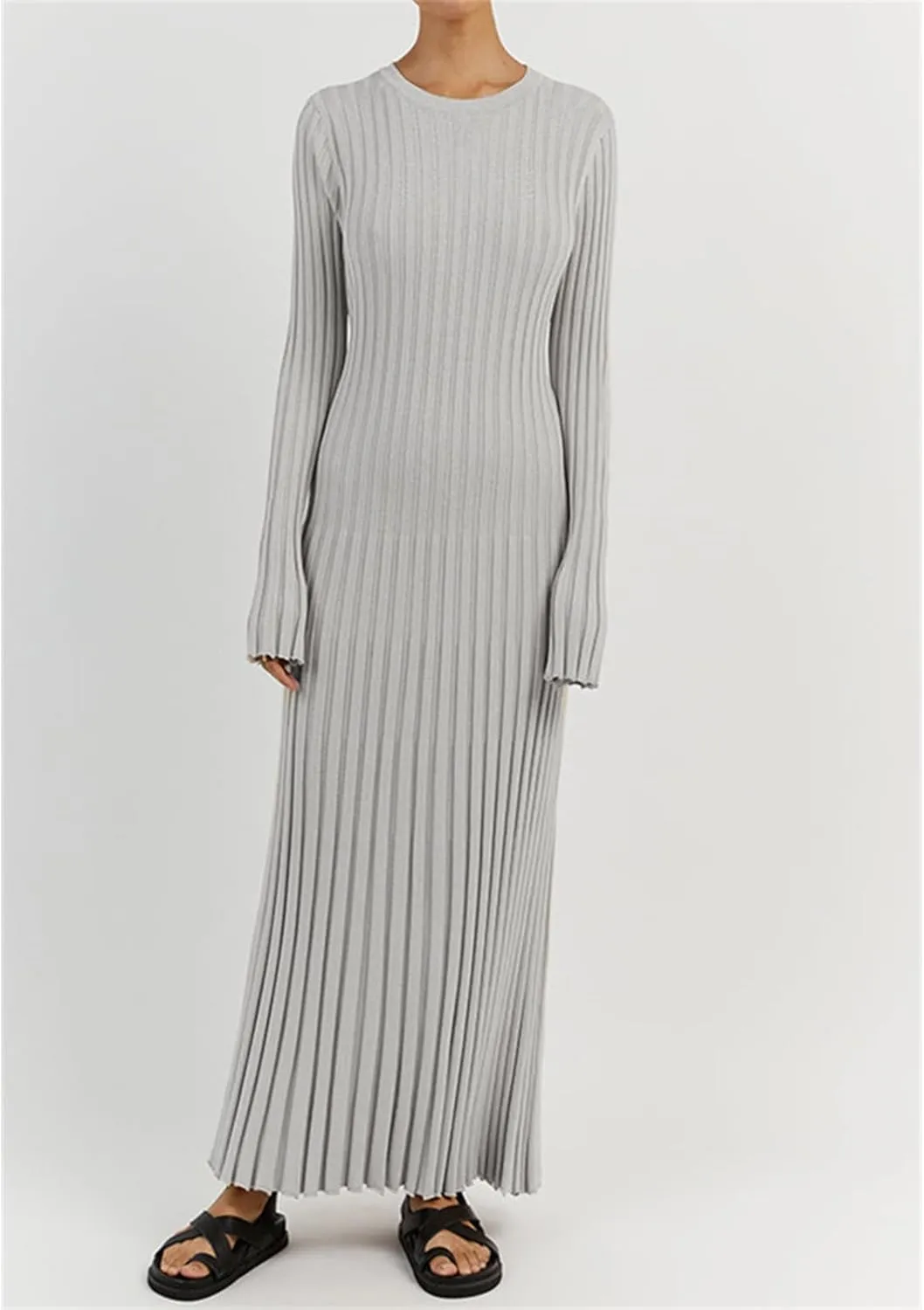 Women Sweater Dress Ribbed Long Sleeve Crewneck Knit Slim Fit Bodycon Dress Fall Maxi Long Dress