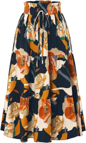 Womens Boho Maxi Skirts Summer Flowy Elastic High Waisted Drawstring Ruffle Hem Skort Casual Color Block Beach Skirt