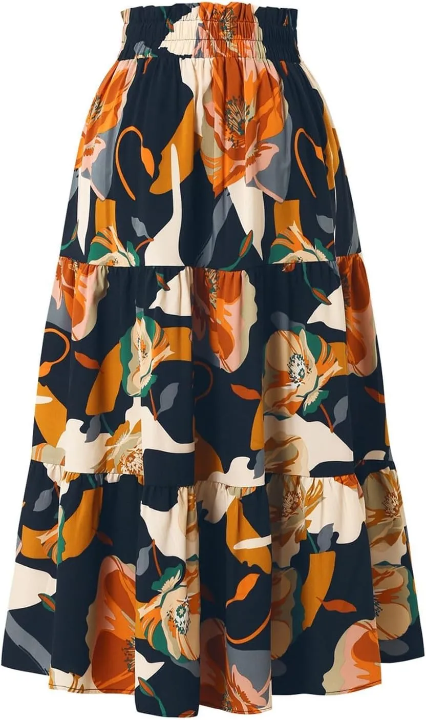Womens Boho Maxi Skirts Summer Flowy Elastic High Waisted Drawstring Ruffle Hem Skort Casual Color Block Beach Skirt