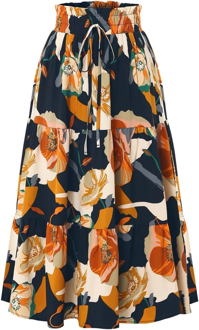 Womens Boho Maxi Skirts Summer Flowy Elastic High Waisted Drawstring Ruffle Hem Skort Casual Color Block Beach Skirt