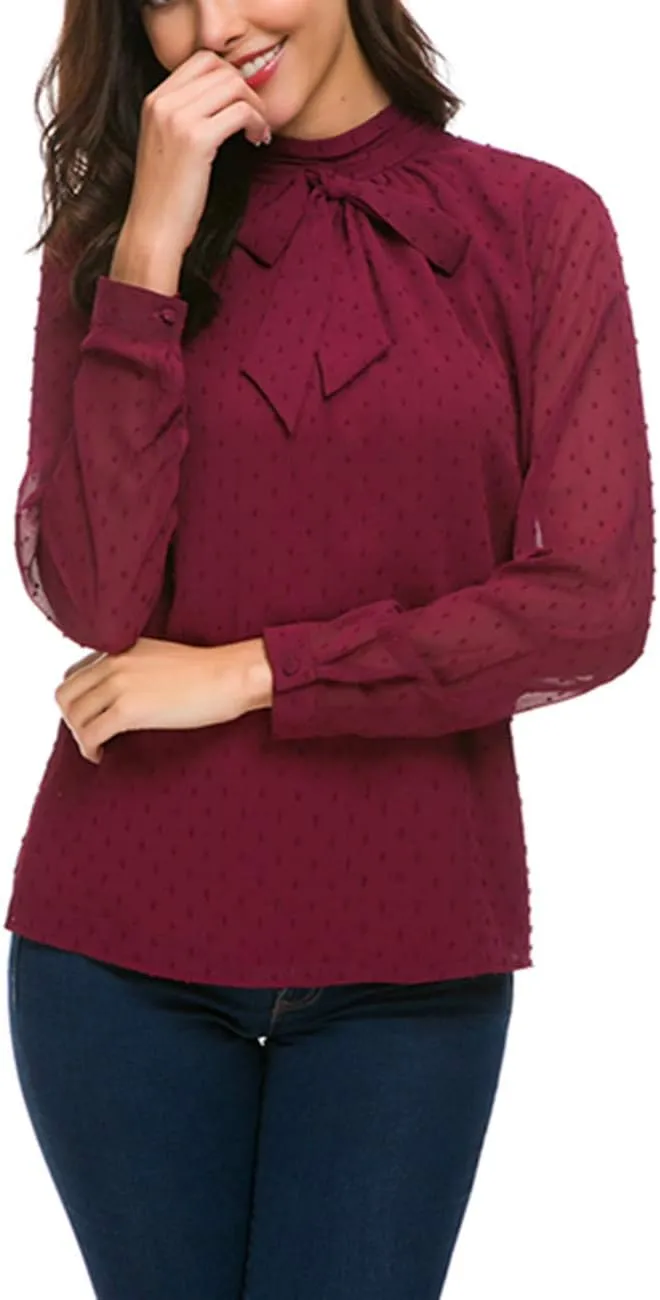 Womens Bow Tie Neck Spring/Summer Long/Short Sleeve Blouse Office Work Chiffon Elegant Casual Shirt Tops