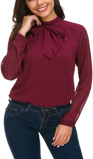 Womens Bow Tie Neck Spring/Summer Long/Short Sleeve Blouse Office Work Chiffon Elegant Casual Shirt Tops
