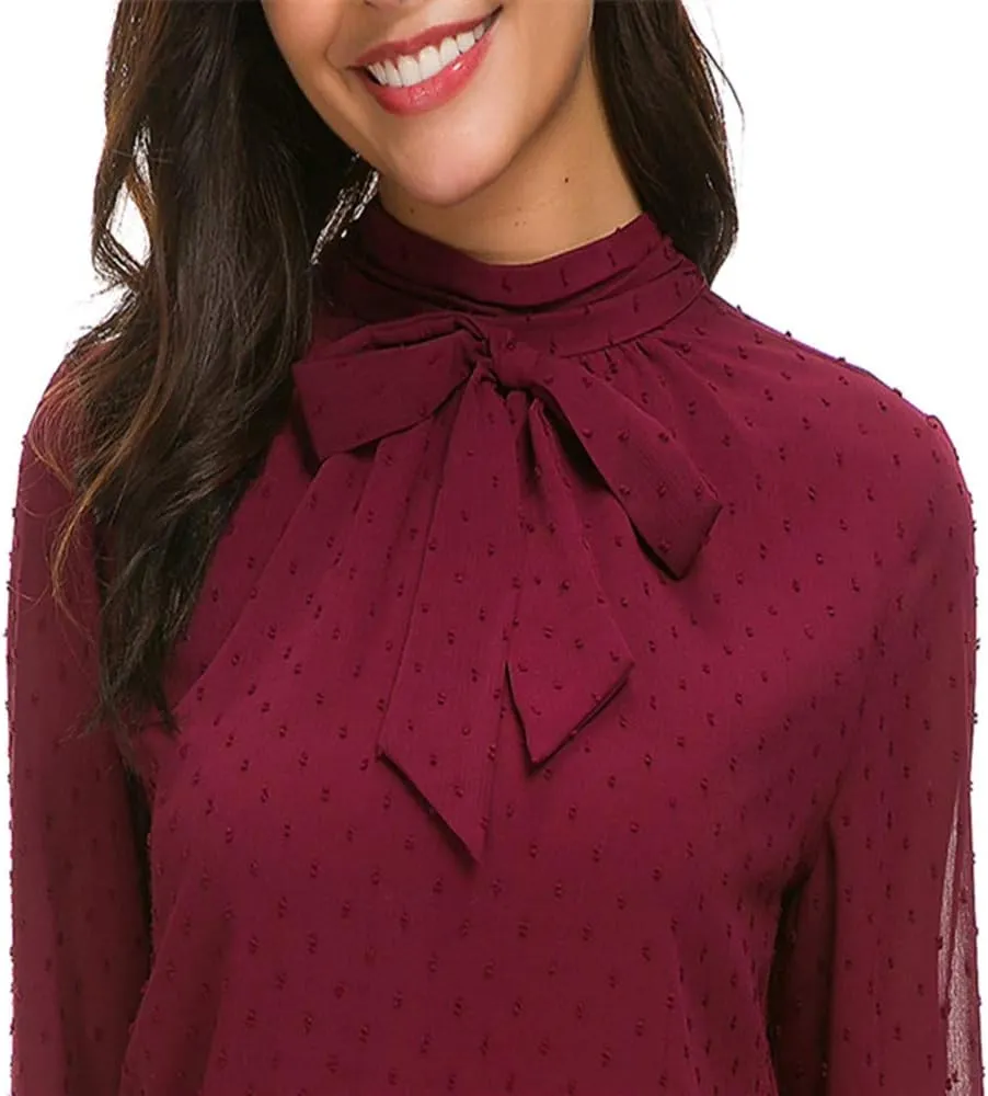Womens Bow Tie Neck Spring/Summer Long/Short Sleeve Blouse Office Work Chiffon Elegant Casual Shirt Tops
