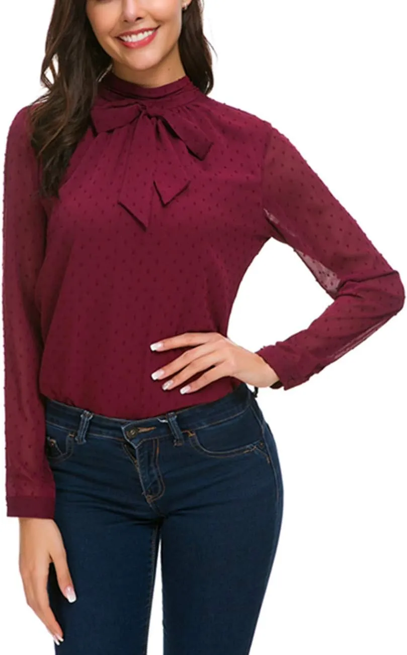 Womens Bow Tie Neck Spring/Summer Long/Short Sleeve Blouse Office Work Chiffon Elegant Casual Shirt Tops