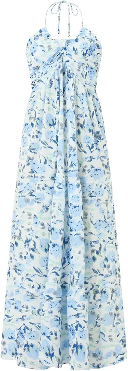 Women's Halter Neck Floral Maxi Dress 2024 Summer Boho Long Sundress Sexy Sleeveless Backless Flowy Ruffle Dress