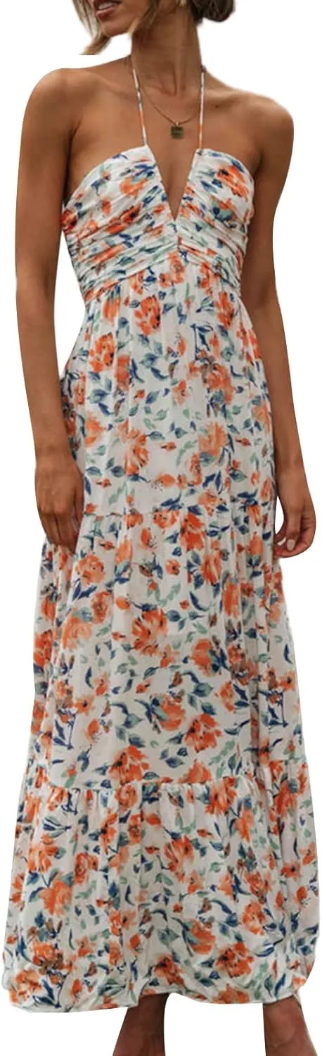 Women's Halter Neck Floral Maxi Dress 2024 Summer Boho Long Sundress Sexy Sleeveless Backless Flowy Ruffle Dress