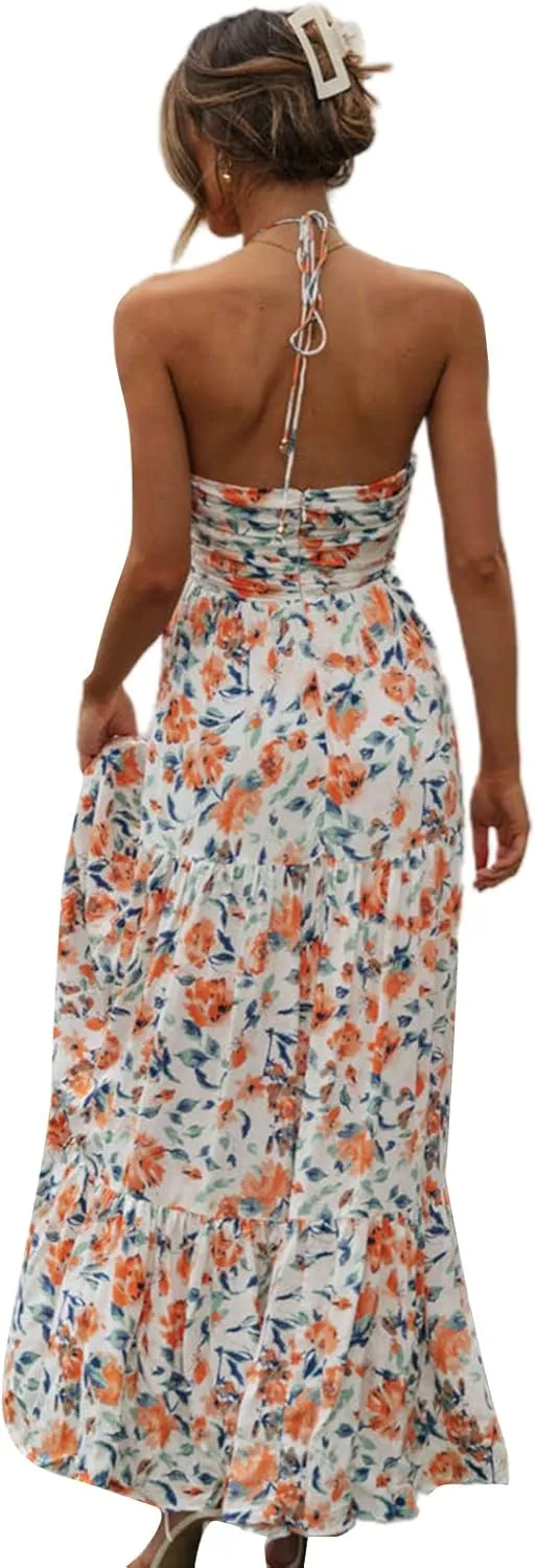 Women's Halter Neck Floral Maxi Dress 2024 Summer Boho Long Sundress Sexy Sleeveless Backless Flowy Ruffle Dress