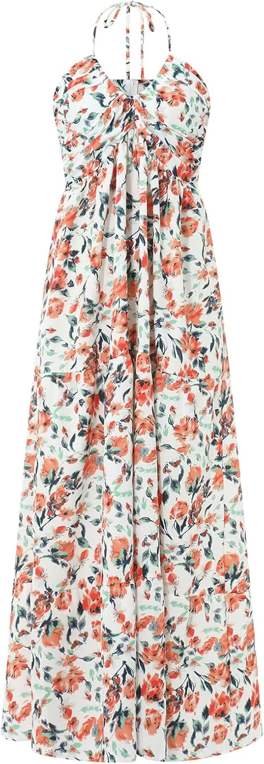 Women's Halter Neck Floral Maxi Dress 2024 Summer Boho Long Sundress Sexy Sleeveless Backless Flowy Ruffle Dress