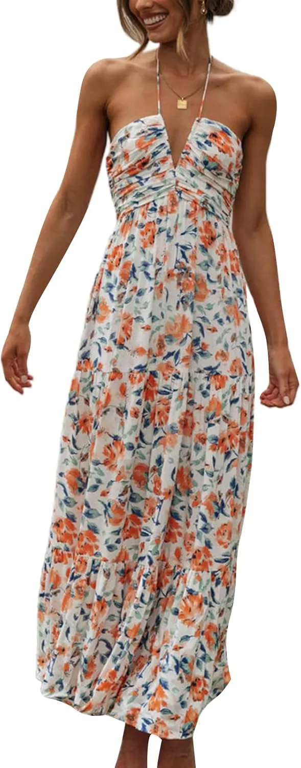 Women's Halter Neck Floral Maxi Dress 2024 Summer Boho Long Sundress Sexy Sleeveless Backless Flowy Ruffle Dress