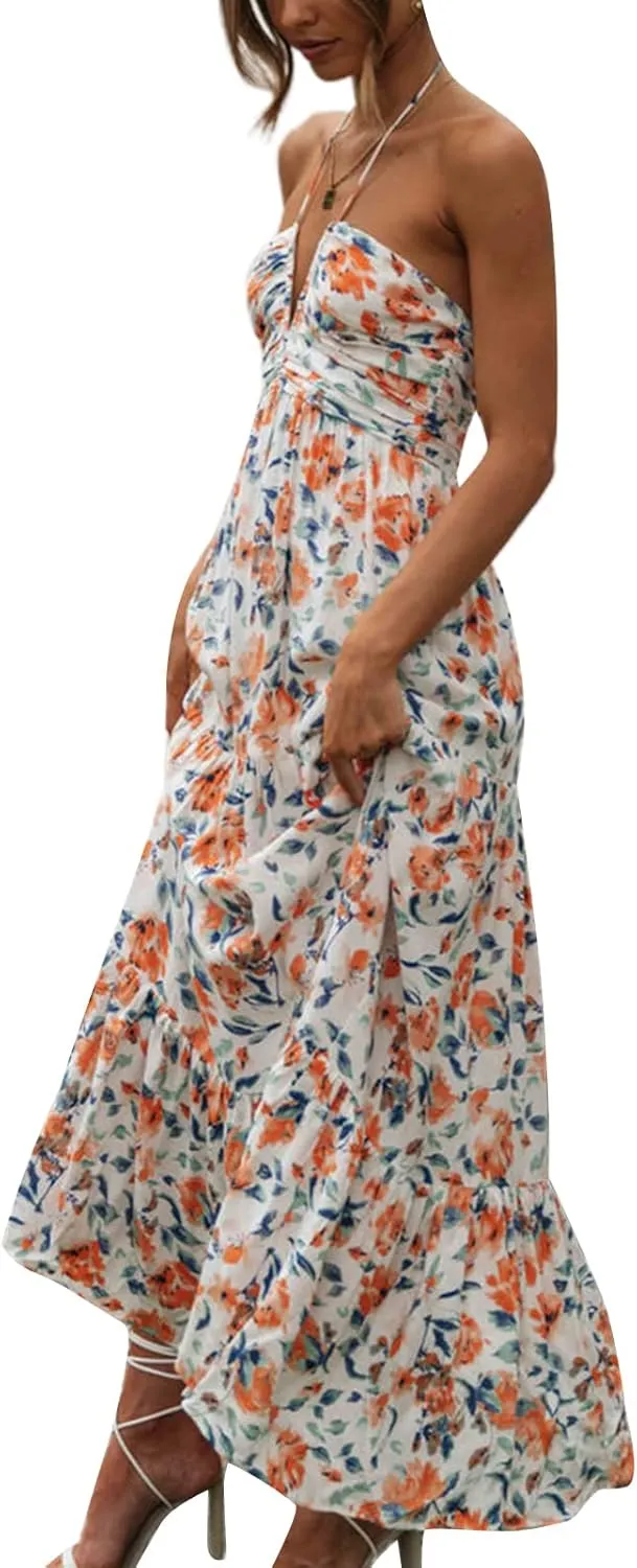 Women's Halter Neck Floral Maxi Dress 2024 Summer Boho Long Sundress Sexy Sleeveless Backless Flowy Ruffle Dress