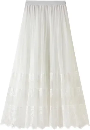 Women's Midi Skirt Elastic High Waist Lace Tulle Skirt Pleated Skirt