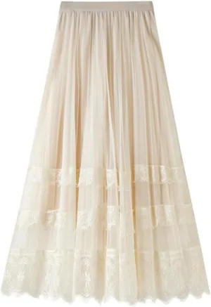 Women's Midi Skirt Elastic High Waist Lace Tulle Skirt Pleated Skirt