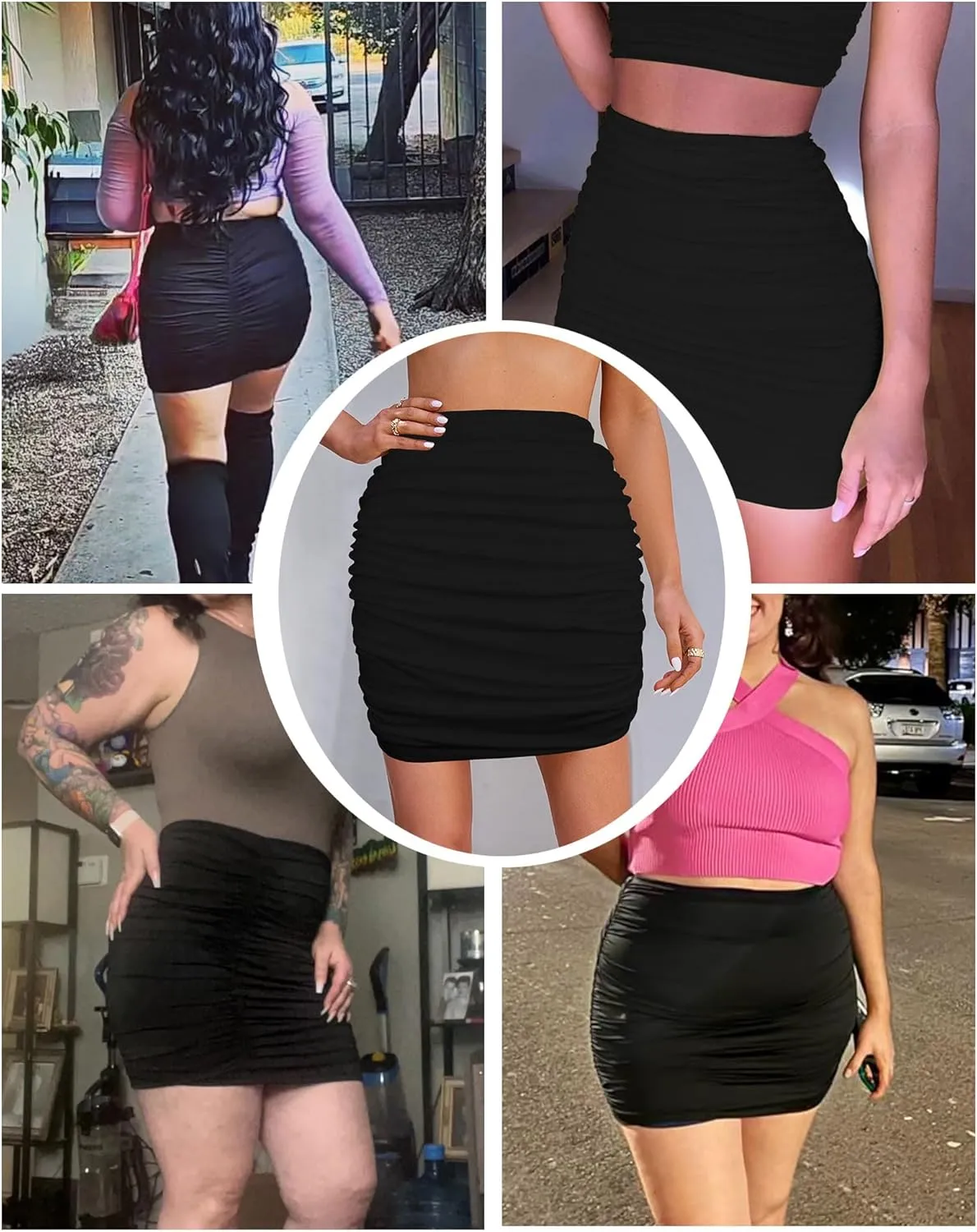 Women's Sexy Mini Skirts Ruched Bodycon Double Layer Club Skirt Trendy Short Skirts Adjustable Length