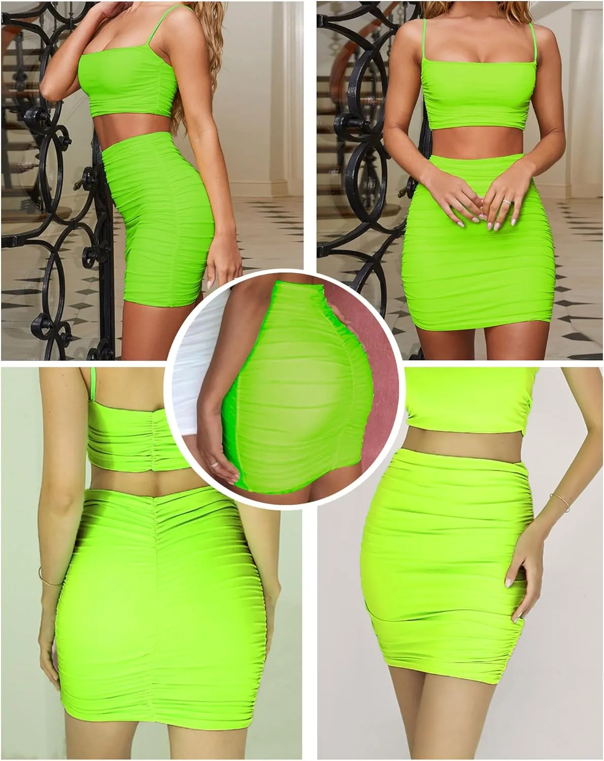 Women's Sexy Mini Skirts Ruched Bodycon Double Layer Club Skirt Trendy Short Skirts Adjustable Length