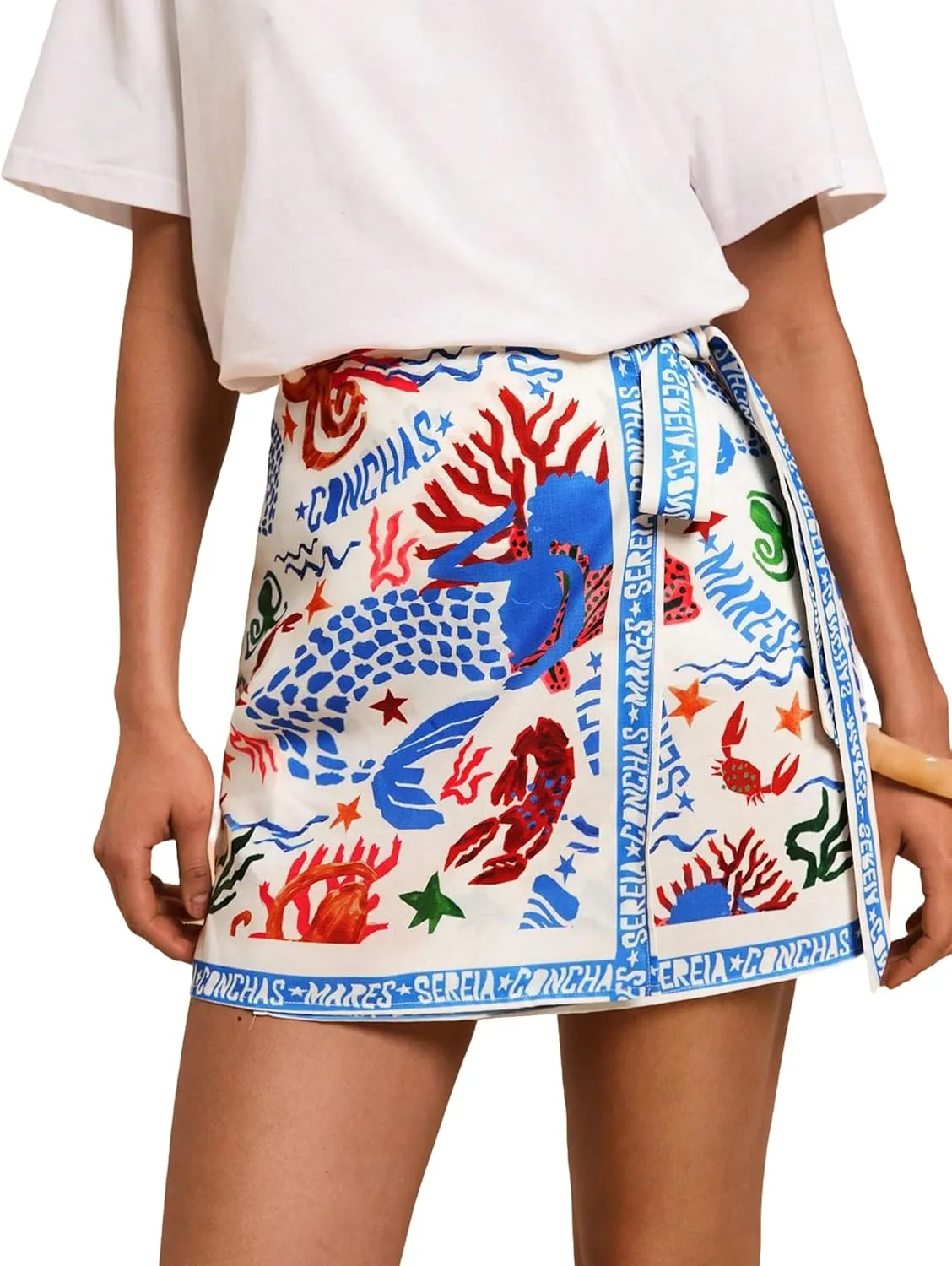 Womens Summer Boho Skirts Floral Print Tie Knot Wrap Mini Skirt Cute Tropical Ocean Graphic Short Skirts Beachwear