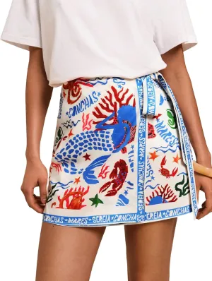 Womens Summer Boho Skirts Floral Print Tie Knot Wrap Mini Skirt Cute Tropical Ocean Graphic Short Skirts Beachwear