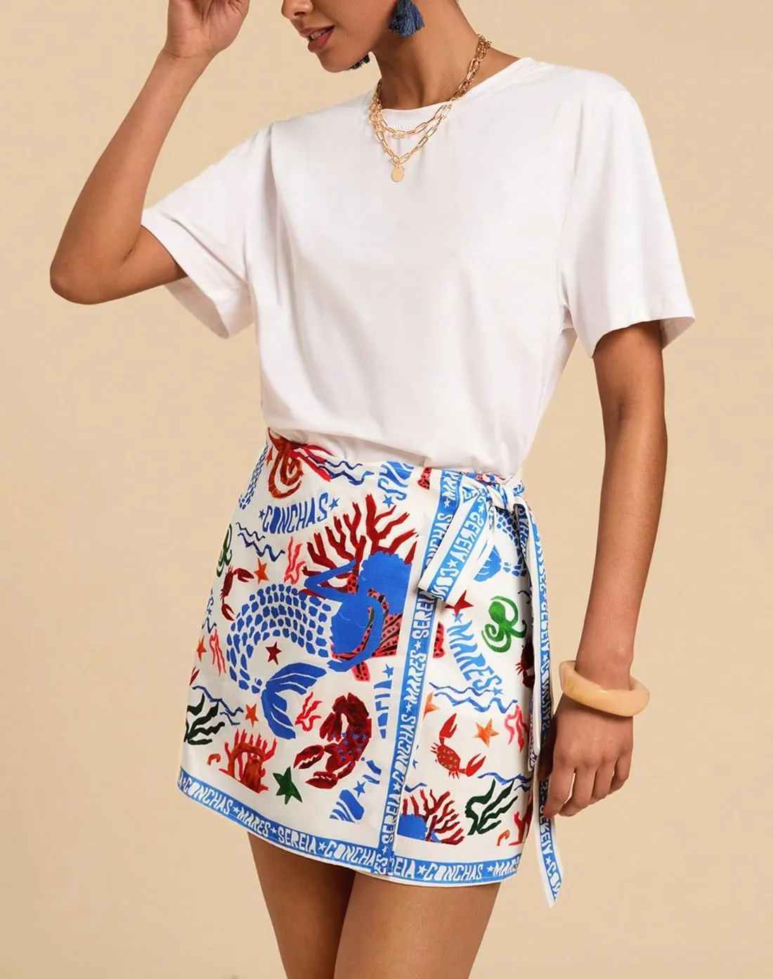 Womens Summer Boho Skirts Floral Print Tie Knot Wrap Mini Skirt Cute Tropical Ocean Graphic Short Skirts Beachwear