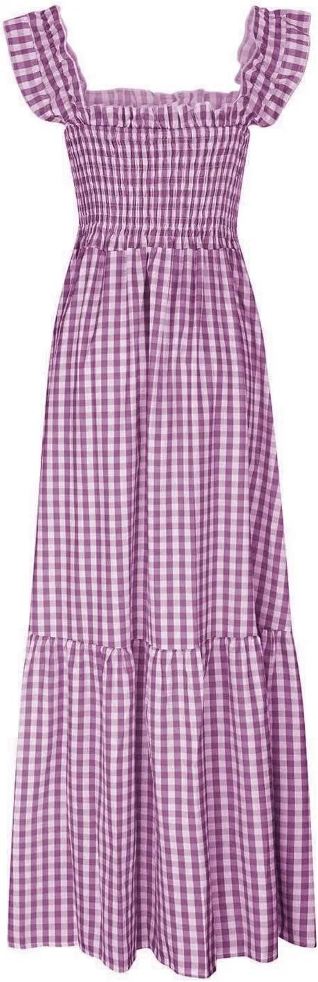 Womens Summer Cami Dress Casual Retro Plaid Ruffle Strap Sleeveless Square Neck Smocked A-Line Sundress