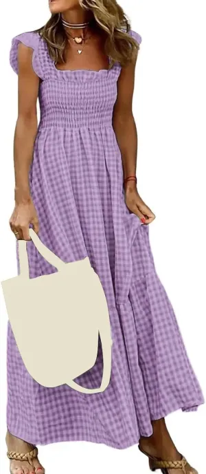 Womens Summer Cami Dress Casual Retro Plaid Ruffle Strap Sleeveless Square Neck Smocked A-Line Sundress