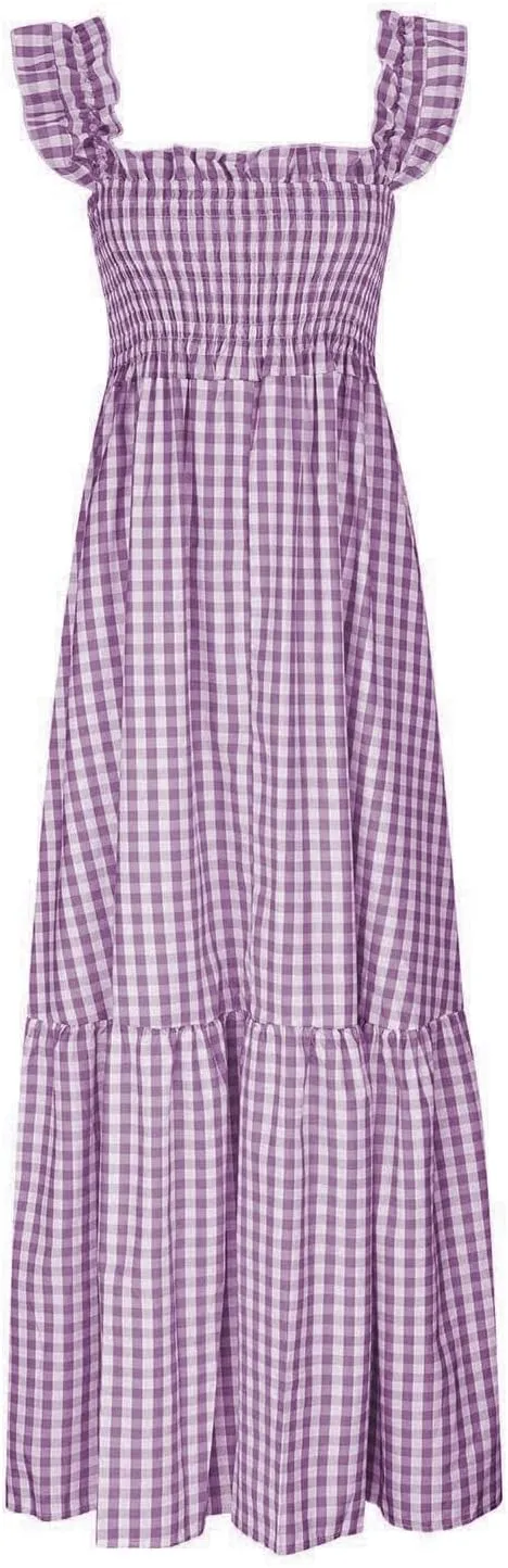 Womens Summer Cami Dress Casual Retro Plaid Ruffle Strap Sleeveless Square Neck Smocked A-Line Sundress